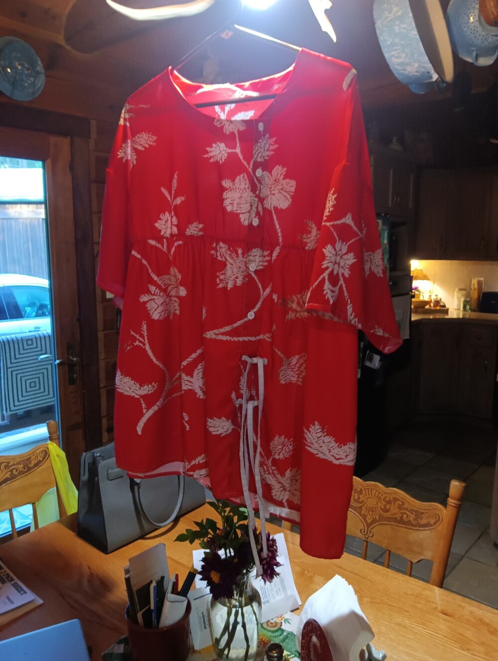 Red Floral Tie-Waist Women’s Blouse